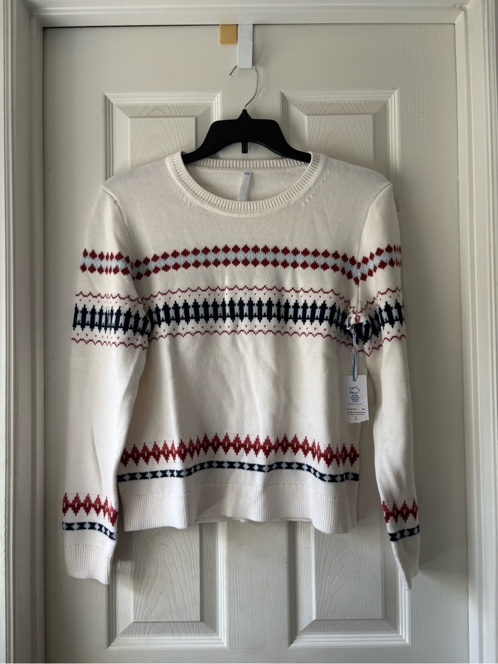 Southern Tide Cream Crewneck Sweater with Red and Navy Pattern